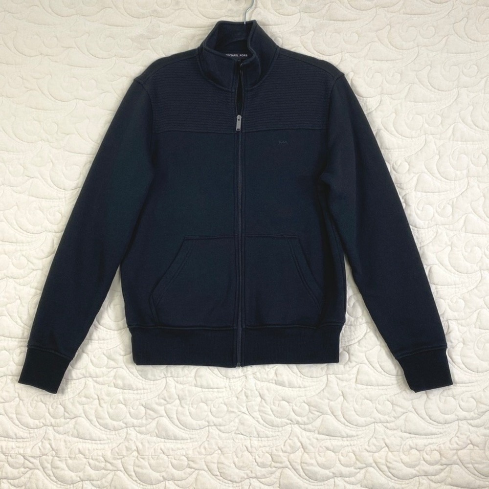 Michael Kors Mens Full Zip Ribbed Panel Jacket Black Size Small MK Chest Logo